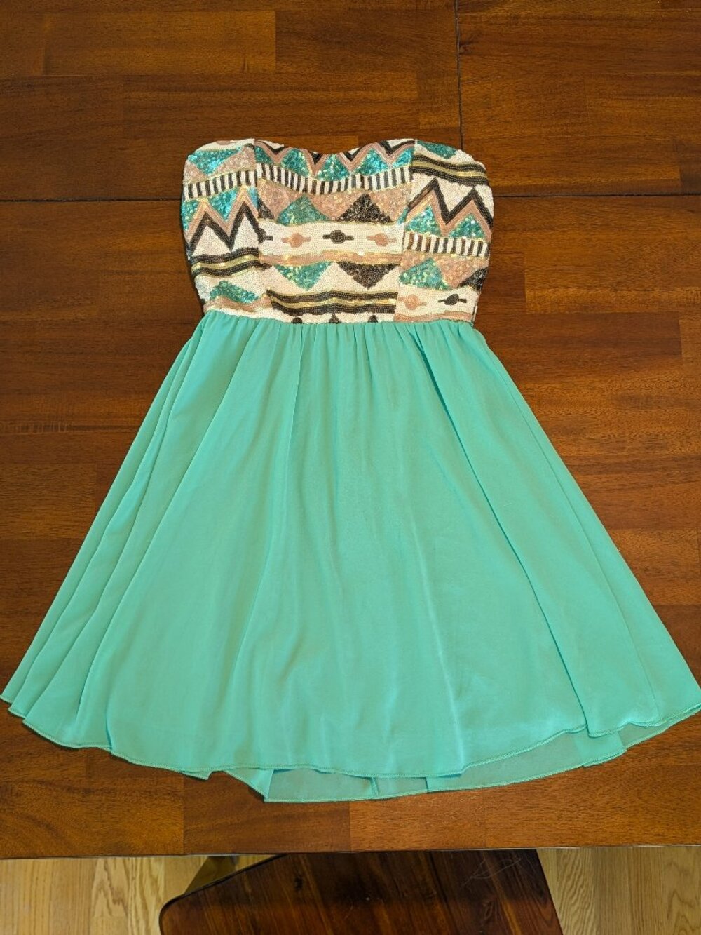 Sweetheart Strapless Dress, Sequin Bodice and Flowy Mint Turquoise Skirt, Small